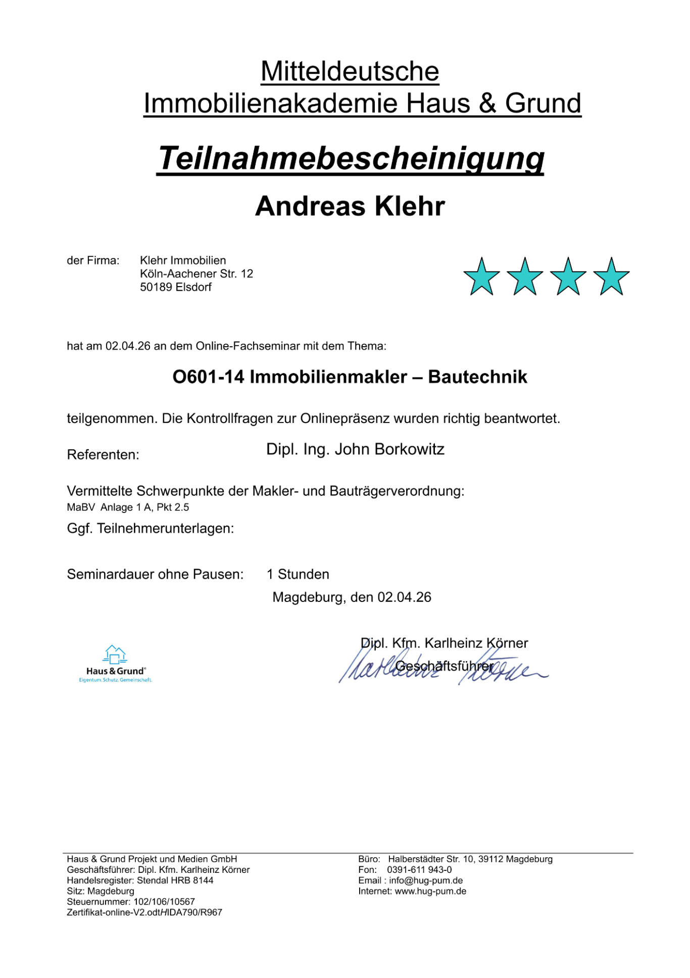 Teilnahmebescheinigung Immobilienmakler Bautechnik